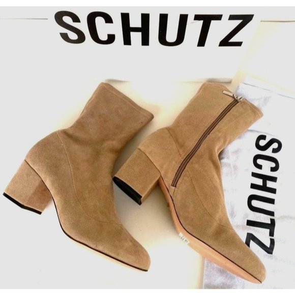 NIB SCHUTZ WOMENS MID CALF BEIGE LUPE STRETCH LEATHER BOOTS IN BRUSH TAN/SAND SZ - Picture 2 of 16